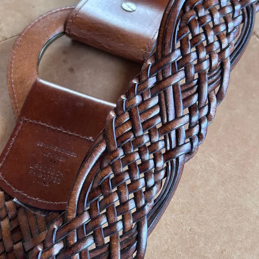 Wide Woven Leather Belt Brown Oversized Ring Buckle Boho Western Cowgirl Women M